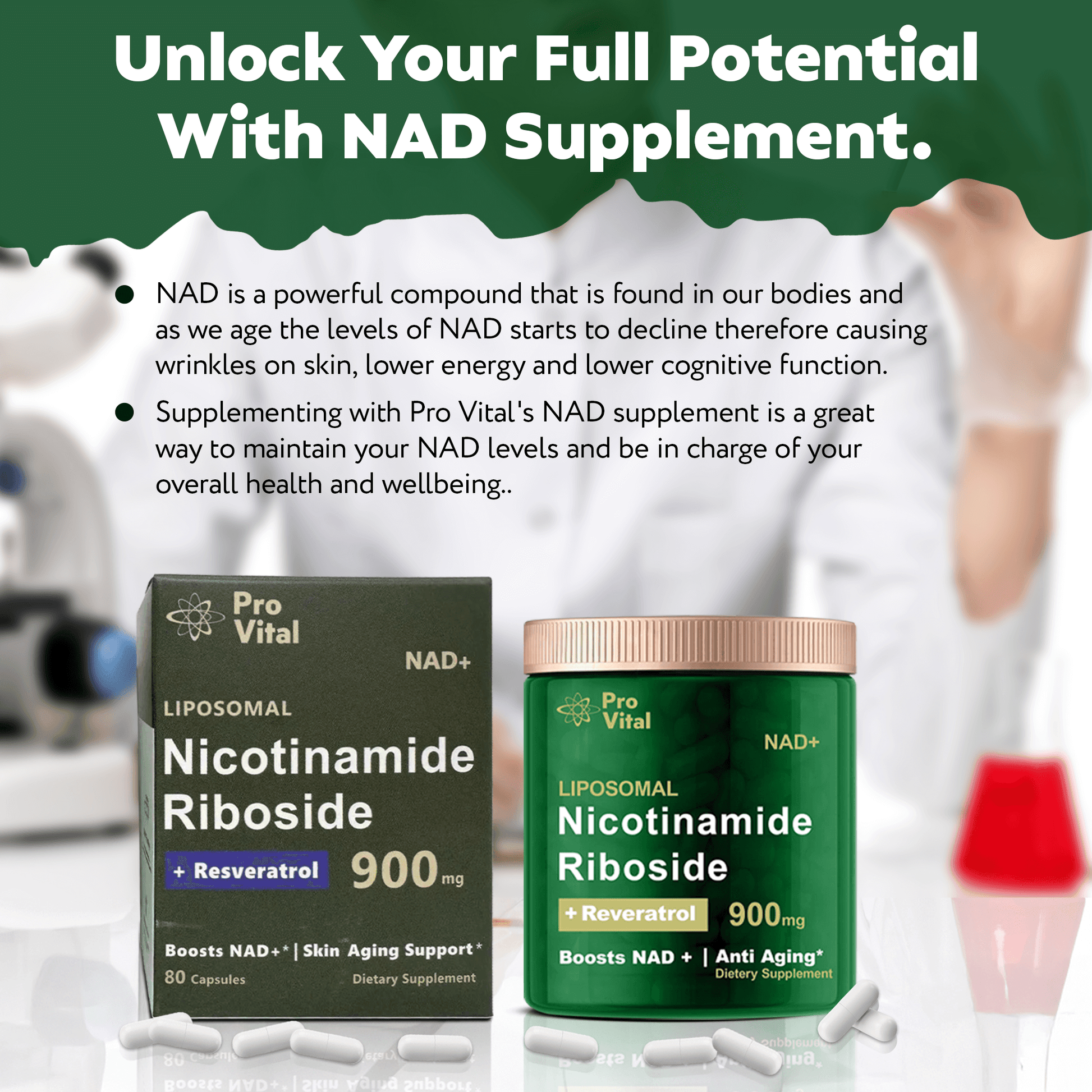 Pro Vital NAD+ supplement with Nicotinamide Riboside in two containers, promoting cellular energy and overall health.