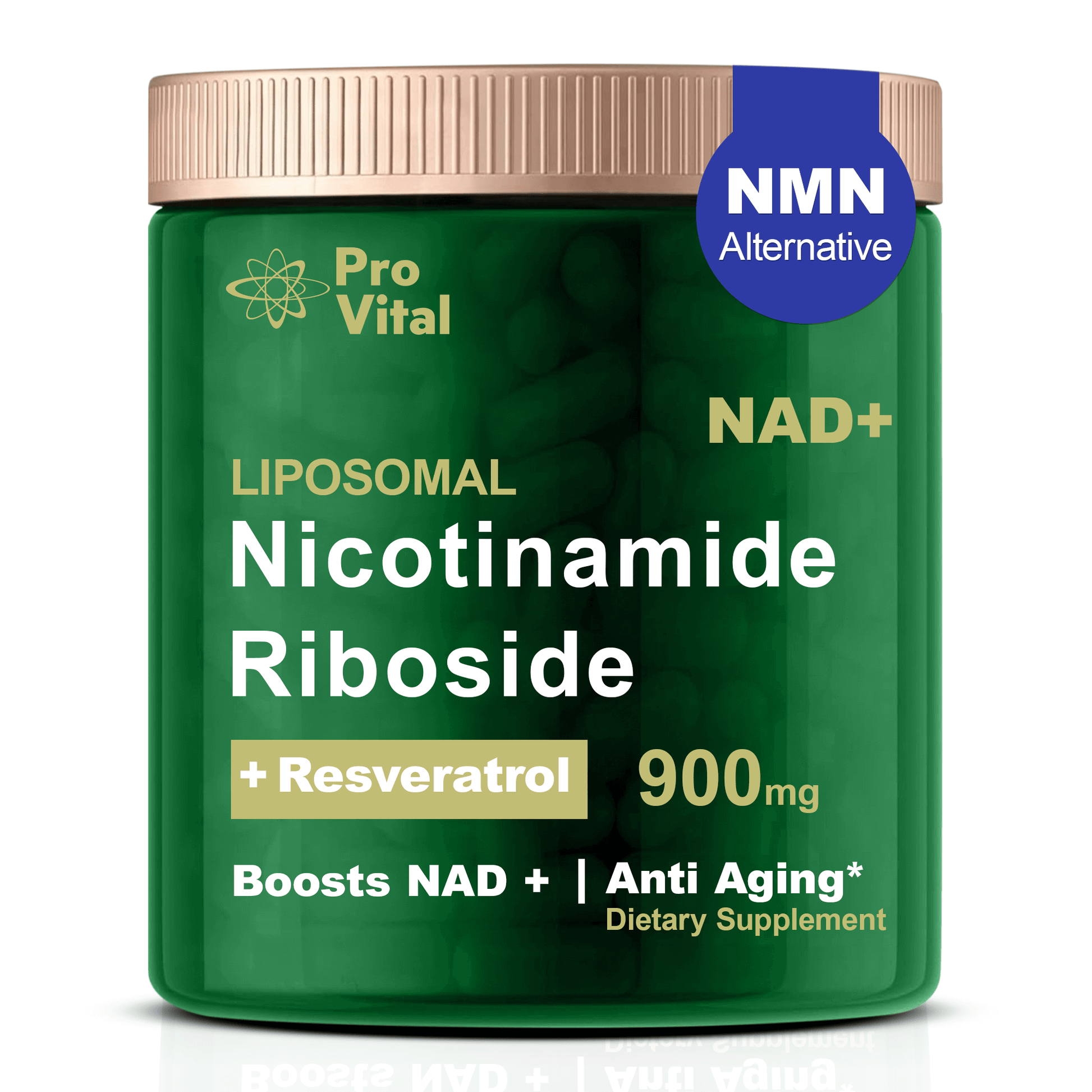 Pro Vital NAD+ Liposomal Nicotinamide Riboside supplement jar, 900mg for energy and anti-aging support.