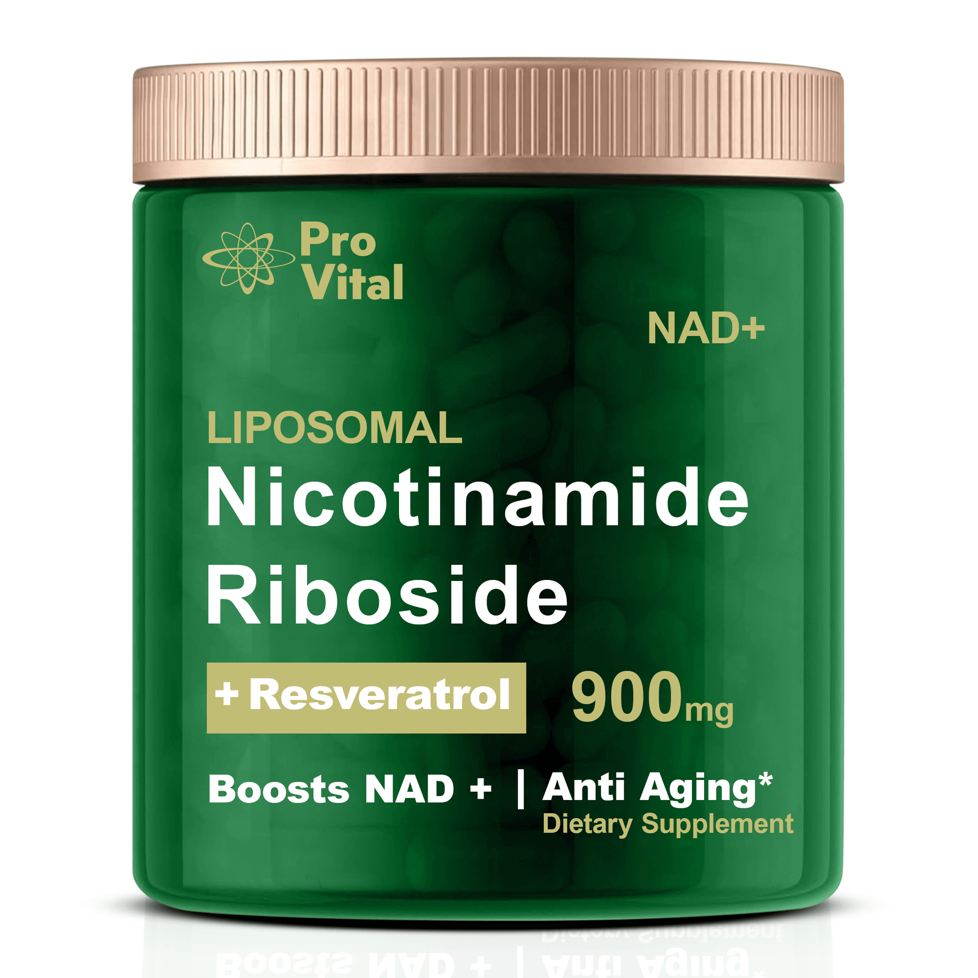 Pro Vital NAD+ Liposomal Nicotinamide Riboside supplement jar for energy and anti-aging benefits.