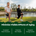 Two people exercising outdoors, promoting benefits like brain function, skin health, and energy support.