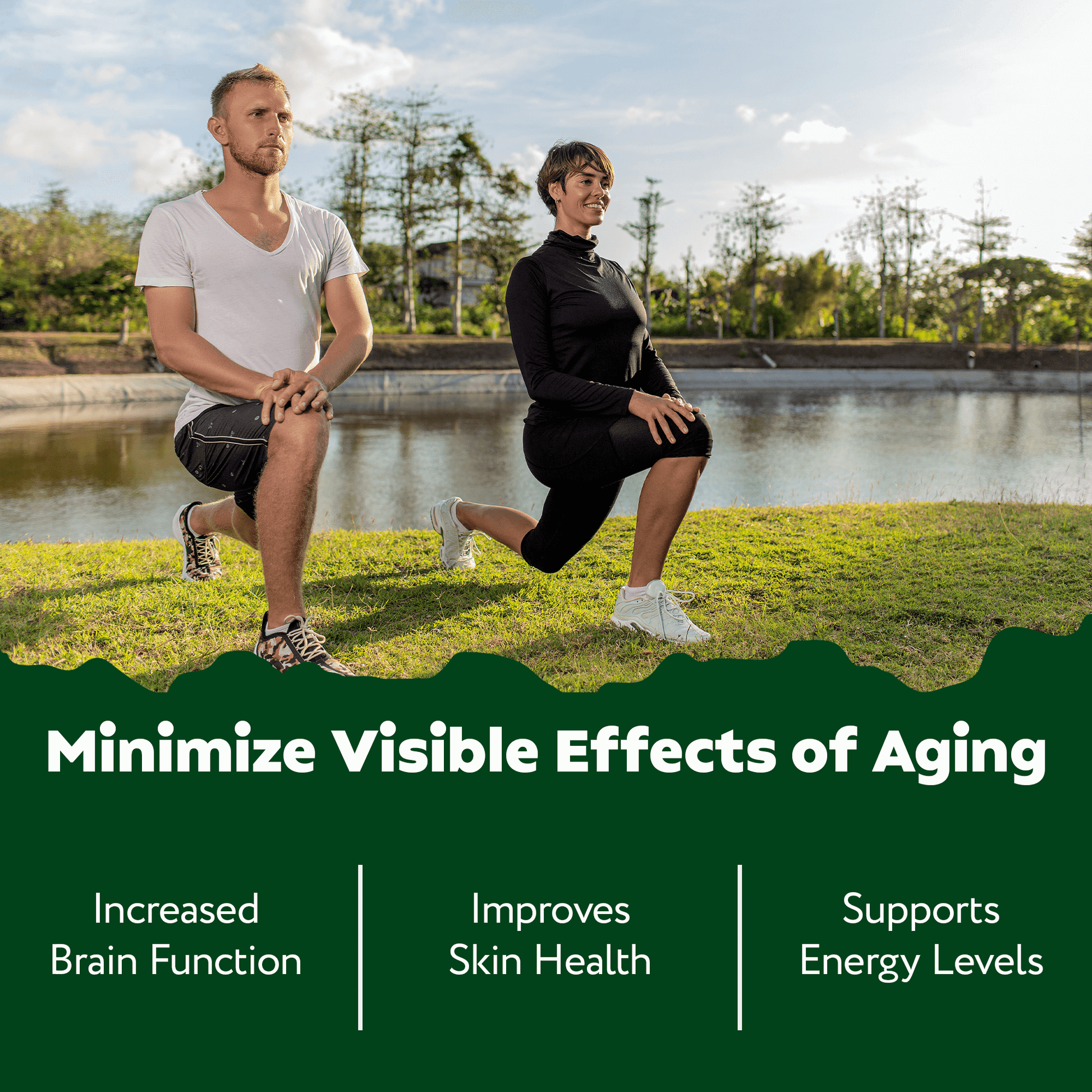 Two people exercising outdoors, promoting benefits like brain function, skin health, and energy support.